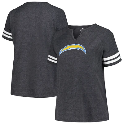 Women's Fanatics Heather Charcoal Los Angeles Chargers Plus Logo Notch Neck Raglan Sleeve T-Shirt