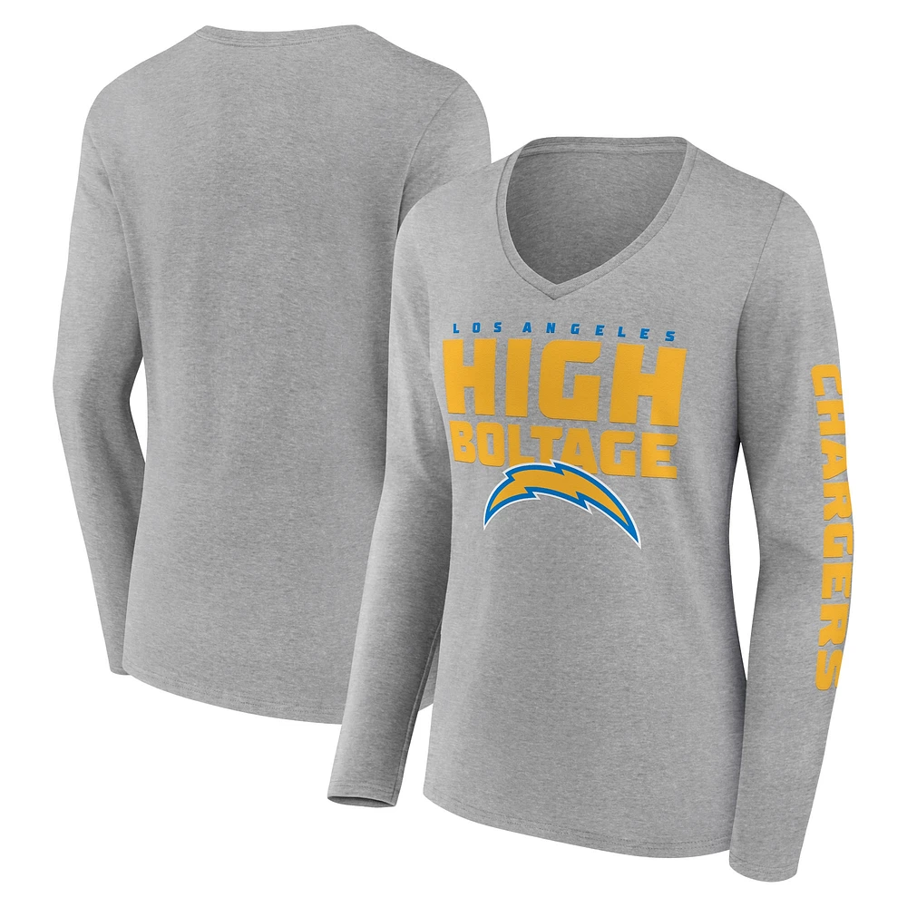 T-shirt à manches longues et col en V pour femme Fanatics Heather Grey Los Angeles Chargers Hometown Sweep