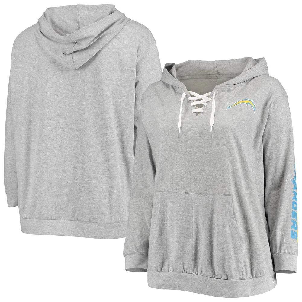 Women's Fanatics Heathered Gray Los Angeles Chargers Plus Lace-Up Pullover Hoodie