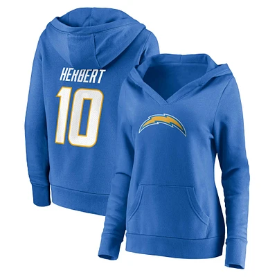 Women's Fanatics Justin Herbert Powder Blue Los Angeles Chargers Player Icon Name & Number V-Neck Pullover Hoodie