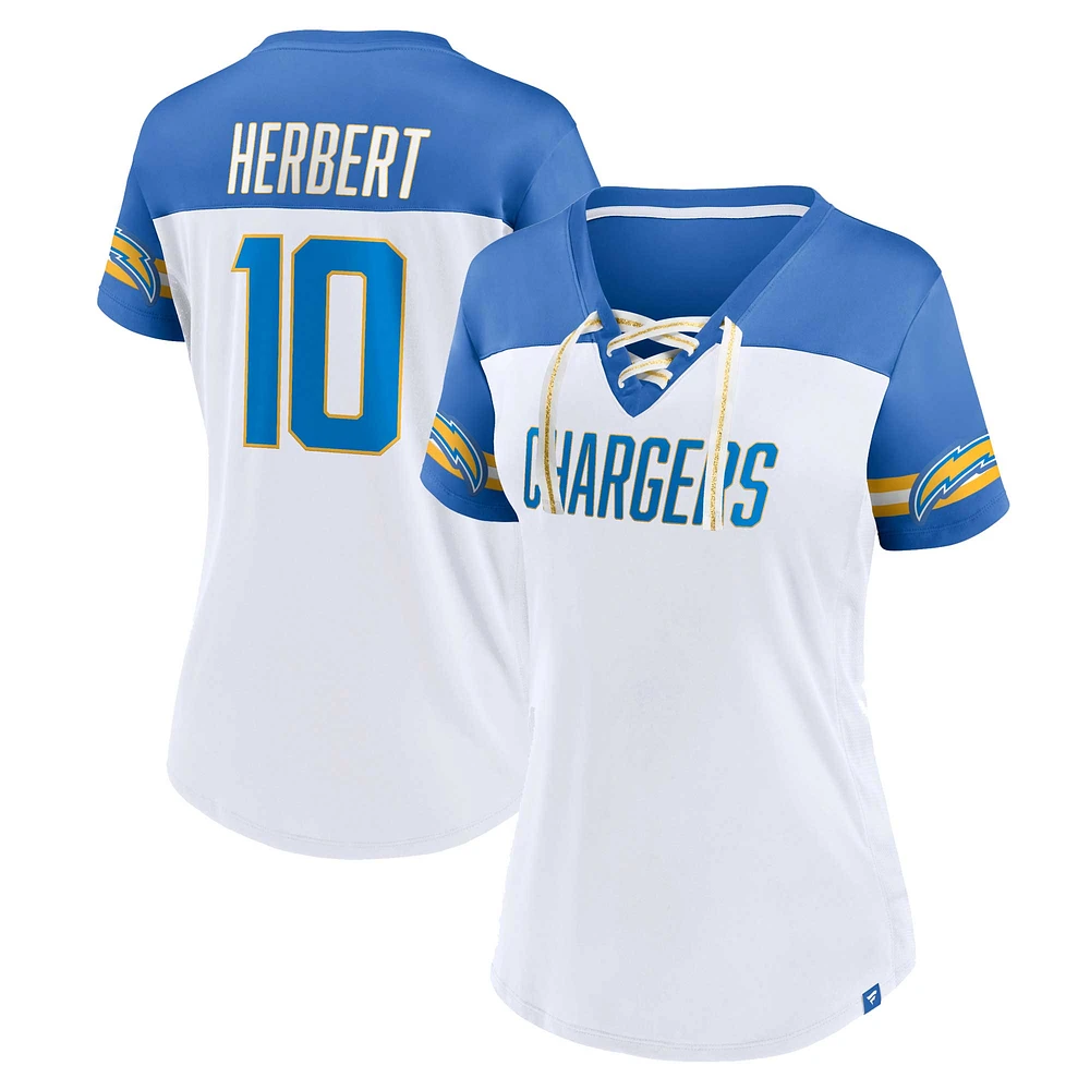 Fanatics pour femmes Justin Herbert Blanc Los Angeles Chargers Athena Nom et numéro Haut à col en V