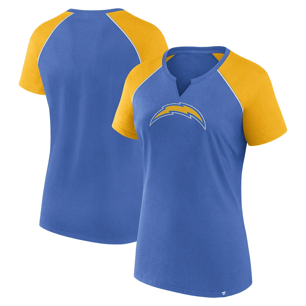 T-shirt raglan pailleté bleu poudre/doré pour femme des Los Angeles Chargers Fanatics