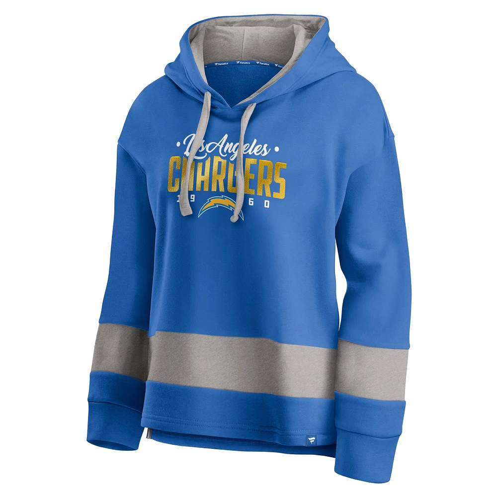 Women's Fanatics Powder Blue/Gray Los Angeles Chargers Huddle Up Fundamental Fleece Color Block Pullover Hoodie