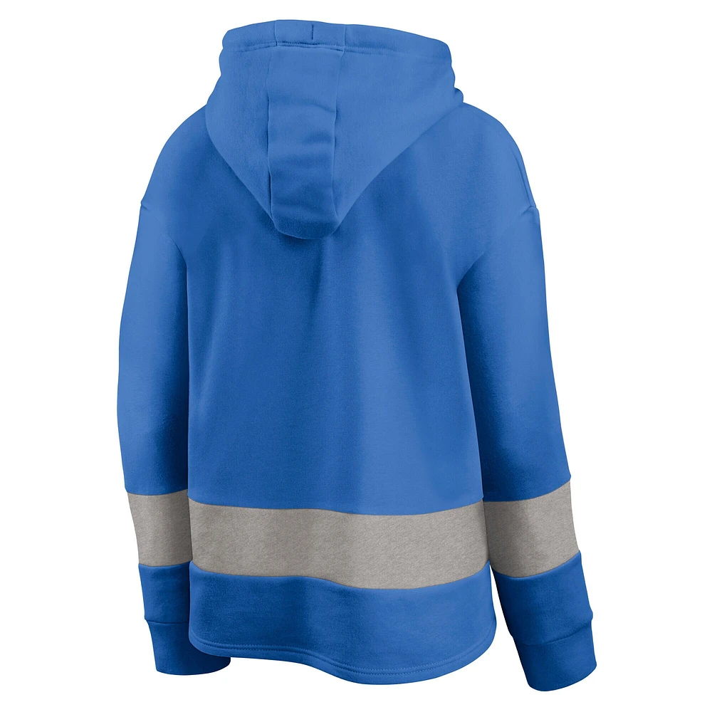Women's Fanatics Powder Blue/Gray Los Angeles Chargers Huddle Up Fundamental Fleece Color Block Pullover Hoodie