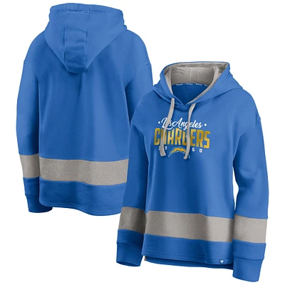 Women's Fanatics Powder Blue/Gray Los Angeles Chargers Huddle Up Fundamental Fleece Color Block Pullover Hoodie