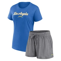 Ensemble t-shirt et short Fanatics pour femmes, bleu poudre/charbon chiné, Los Angeles Chargers Script