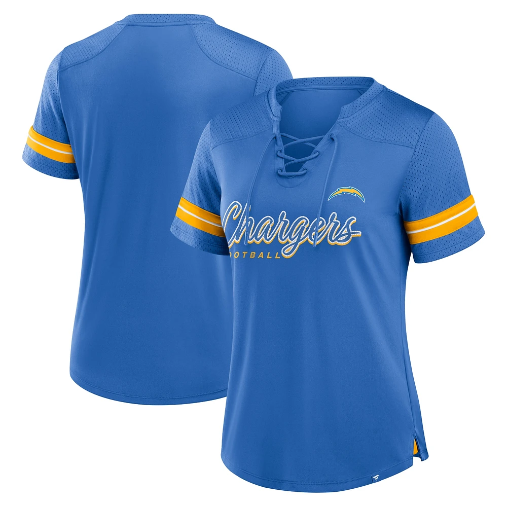 Women's Fanatics Powder Blue Los Angeles Chargers Play Script Lace-Up T-Shirt