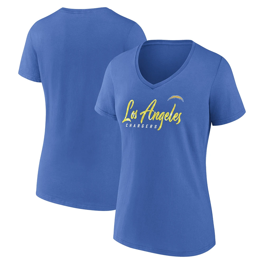 T-shirt à col en V Fanatics Powder Blue Los Angeles Chargers Shine Time pour femmes