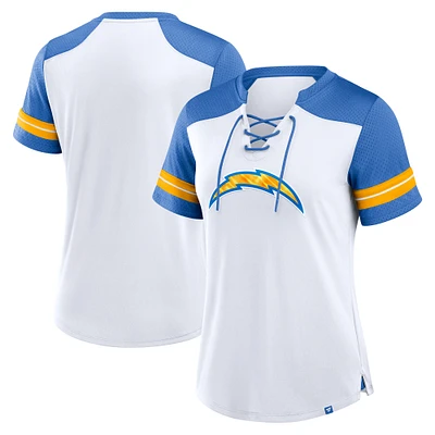 T-shirt à lacets primaire déjoué des Chargers de Los Angeles Fanatics blanc/bleu poudré pour femmes