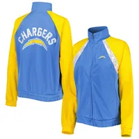 Veste de survêtement à glissière pleine longueur Los Angeles Chargers Confetti Raglan G-III 4Her by Carl Banks pour femmes, bleu poudré/doré