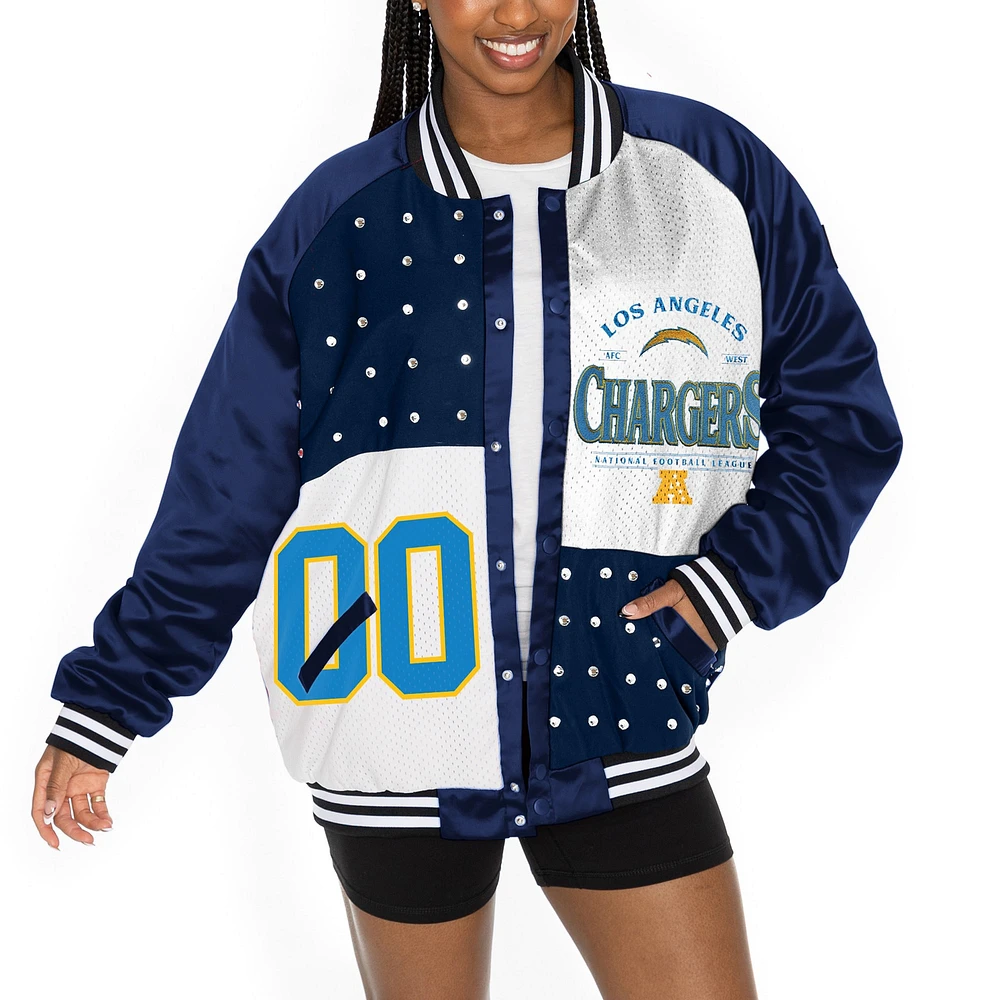 Women's Gameday Couture  Navy/White Los Angeles Chargers Oversized Hot Shot Rhinestone Throwback Full-Snap Varsity Bomber Jacket