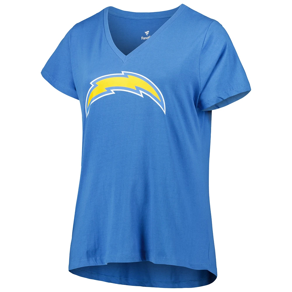 T-shirt à col en V pour femmes, Justin Herbert, bleu poudre, Los Angeles Chargers, grande taille, Fair Catch Name & Number