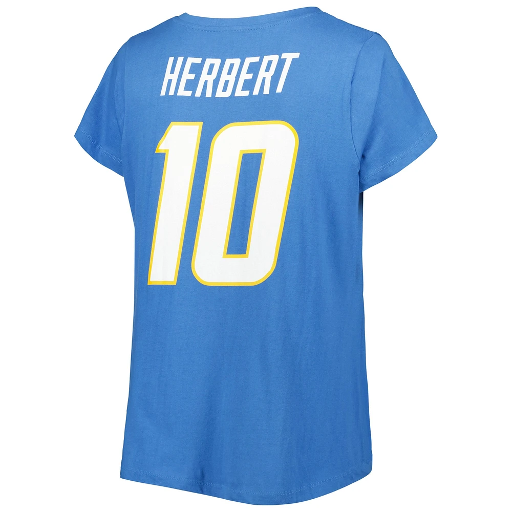 T-shirt à col en V pour femmes, Justin Herbert, bleu poudre, Los Angeles Chargers, grande taille, Fair Catch Name & Number