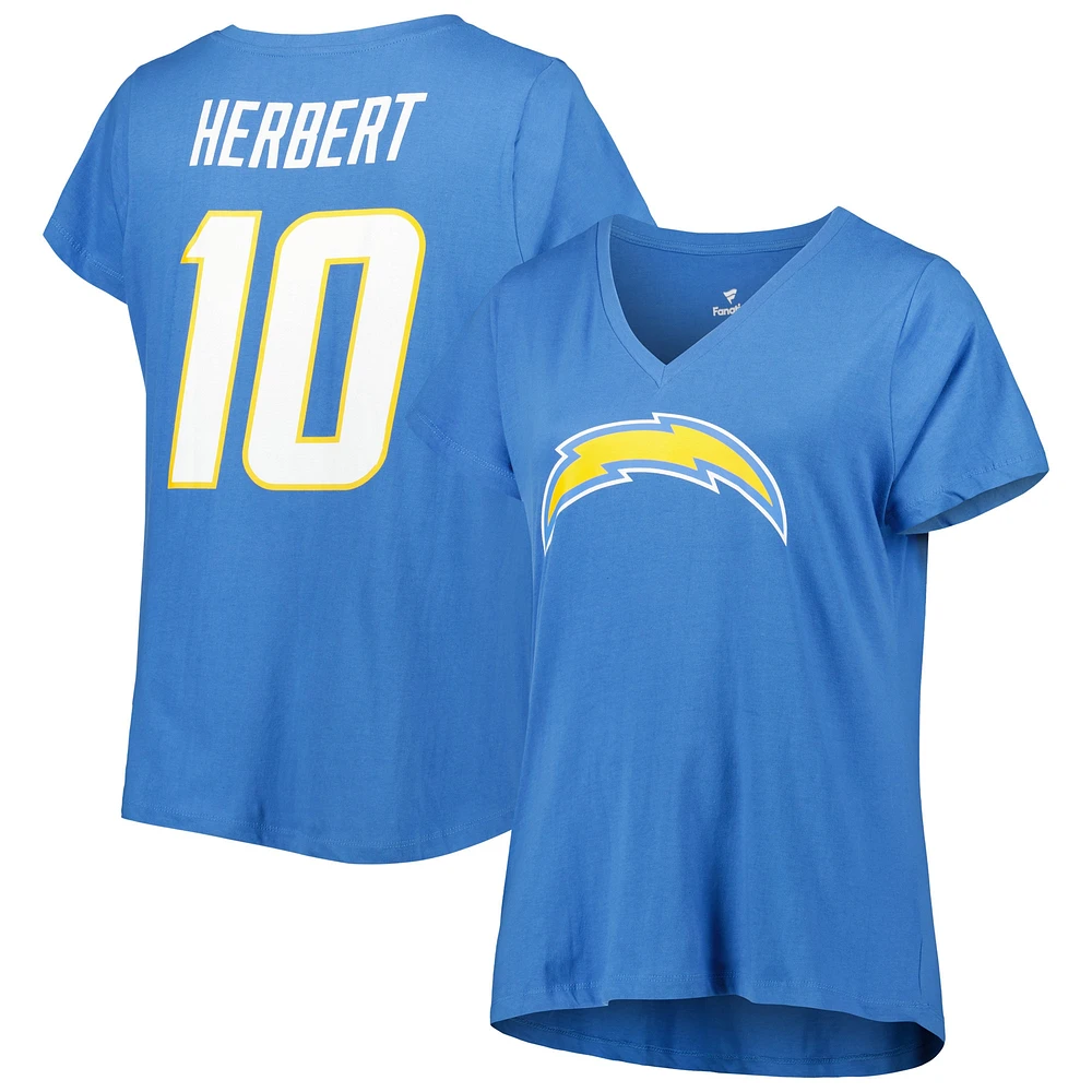 T-shirt à col en V pour femmes, Justin Herbert, bleu poudre, Los Angeles Chargers, grande taille, Fair Catch Name & Number