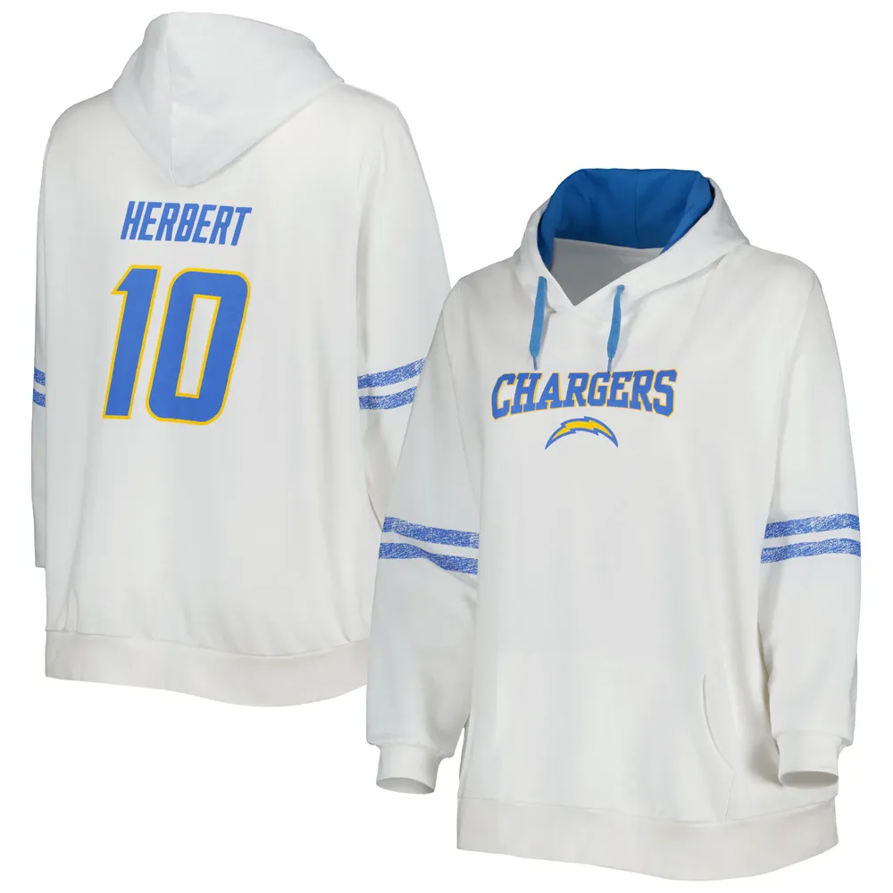 Sweat à capuche avec nom et numéro pour femmes, Justin Herbert, blanc/bleu poudré, Los Angeles Chargers, grande taille