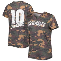 T-shirt tri-mélange à col en V pour femmes Majestic Threads Justin Herbert Camo Los Angeles Chargers Nom et numéro