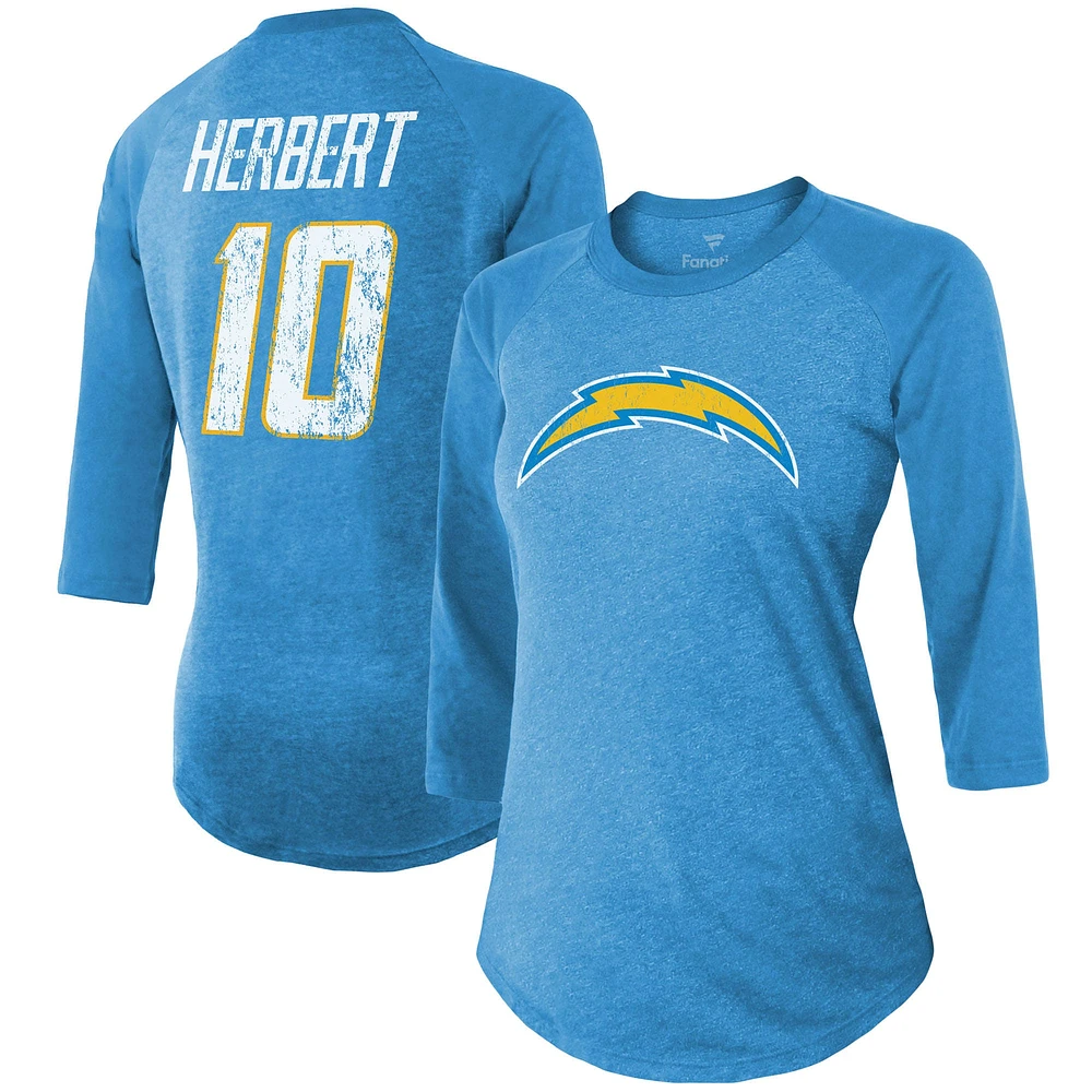 T-shirt ajusté à manches 3/4 Justin Herbert bleu poudre pour femme avec nom et numéro de joueur Los Angeles Chargers Majestic Threads