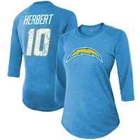 Women's Majestic Threads Justin Herbert Powder Blue Los Angeles Chargers Player Name & Number Tri-Blend 3/4-Sleeve Fitted T-Shirt