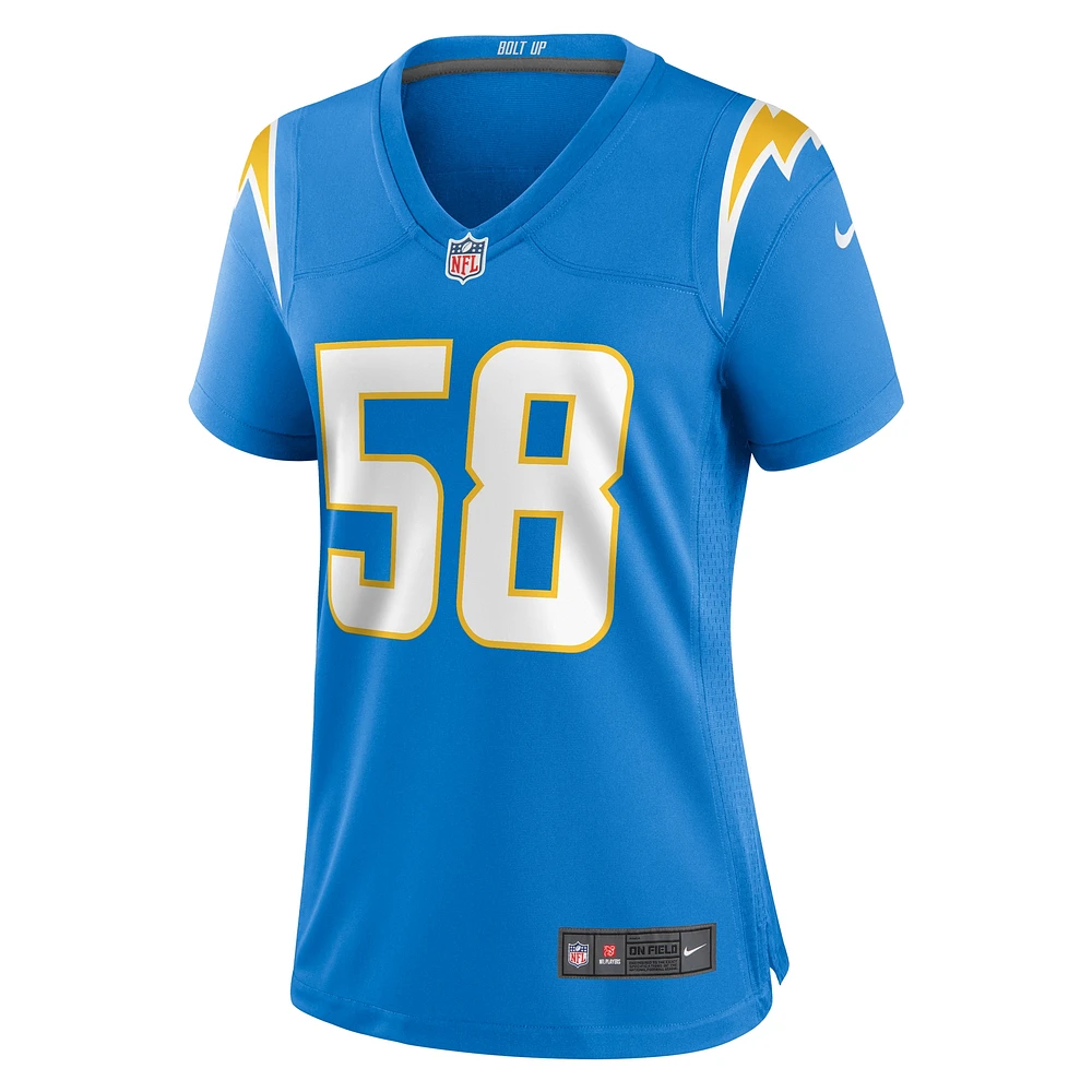 Maillot de match Nike Justin Hollins des Chargers Los Angeles pour femme, bleu poudre