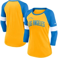 T-shirt à manches 3/4 raglan Nike Los Angeles Chargers Heather Gold/Heather Powder Blue Football Pride pour femme