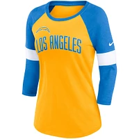 Women's Nike Los Angeles Chargers Heather Gold/Heather Powder Blue Football Pride Raglan 3/4-Sleeve T-Shirt