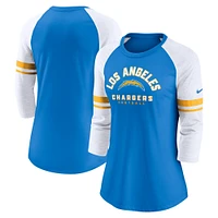 T-shirt tendance raglan léger à manches 3/4 Nike Powder Blue Los Angeles Chargers pour femme