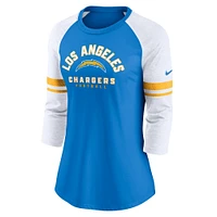 T-shirt tendance raglan léger à manches 3/4 Nike Powder Blue Los Angeles Chargers pour femme