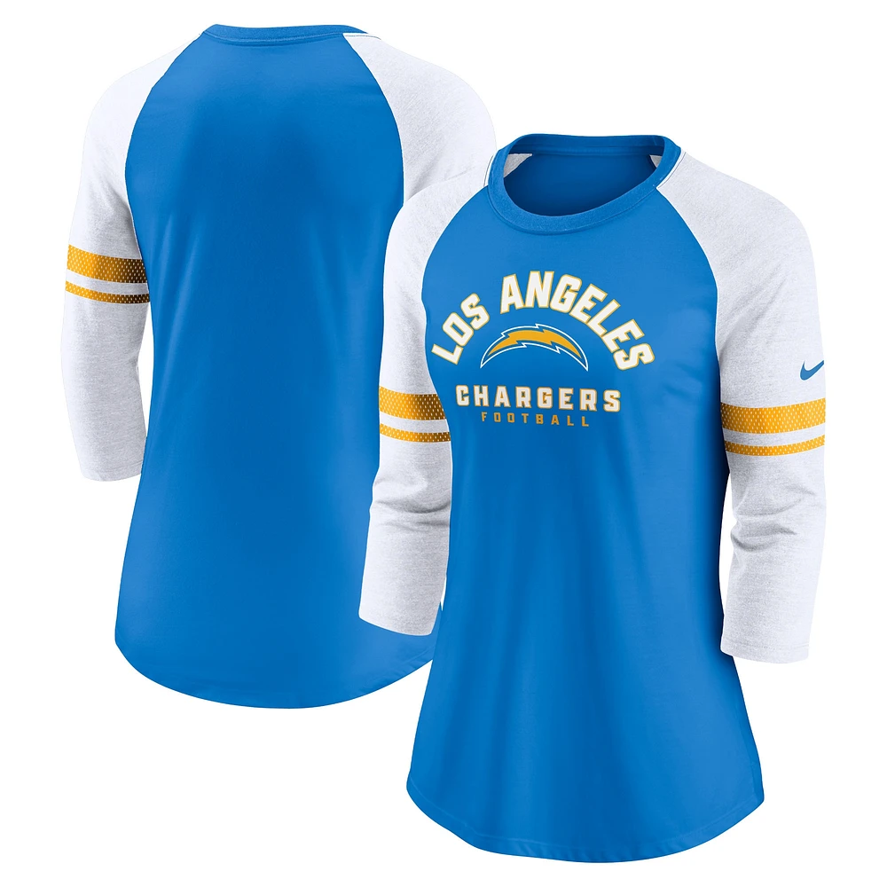 T-shirt tendance raglan léger à manches 3/4 Nike Powder Blue Los Angeles Chargers pour femme