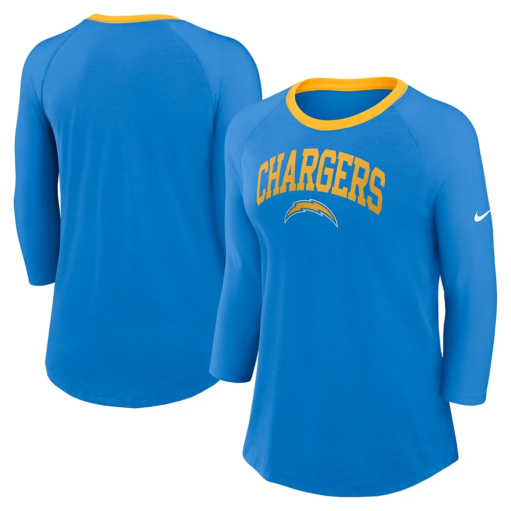 Women's Nike Powder Blue Los Angeles Chargers Raglan 3/4 Sleeve T-Shirt