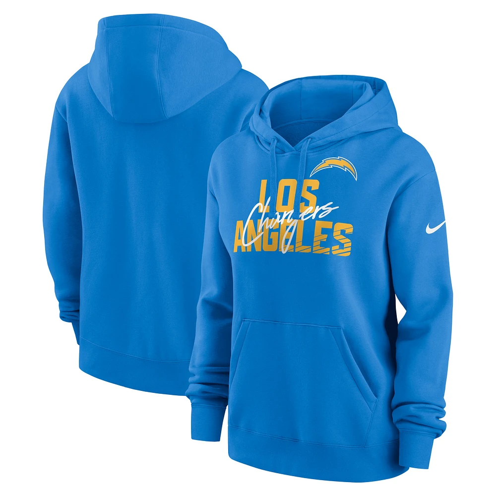 Sweat à capuche en molleton Nike Los Angeles Chargers Wordmark Club pour femme, bleu poudré