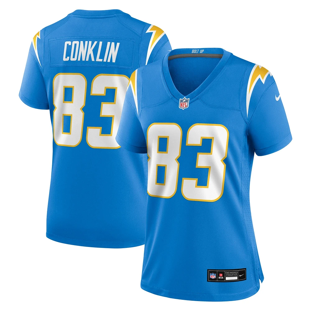 Maillot Nike Tyler Conklin bleu poudre pour femme des Los Angeles Chargers