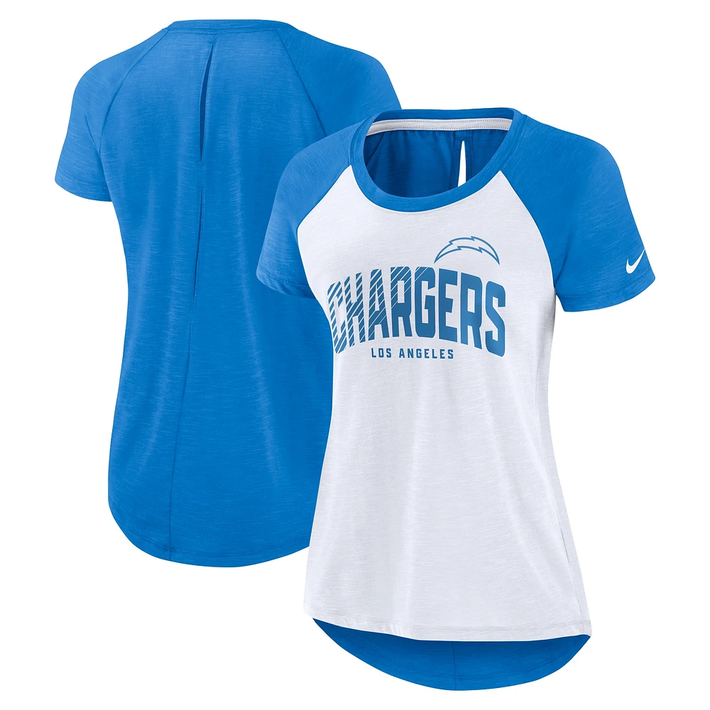 T-shirt à manches raglan découpes dans le dos des Los Angeles Chargers Nike pour femme, blanc/bleu poudré chiné