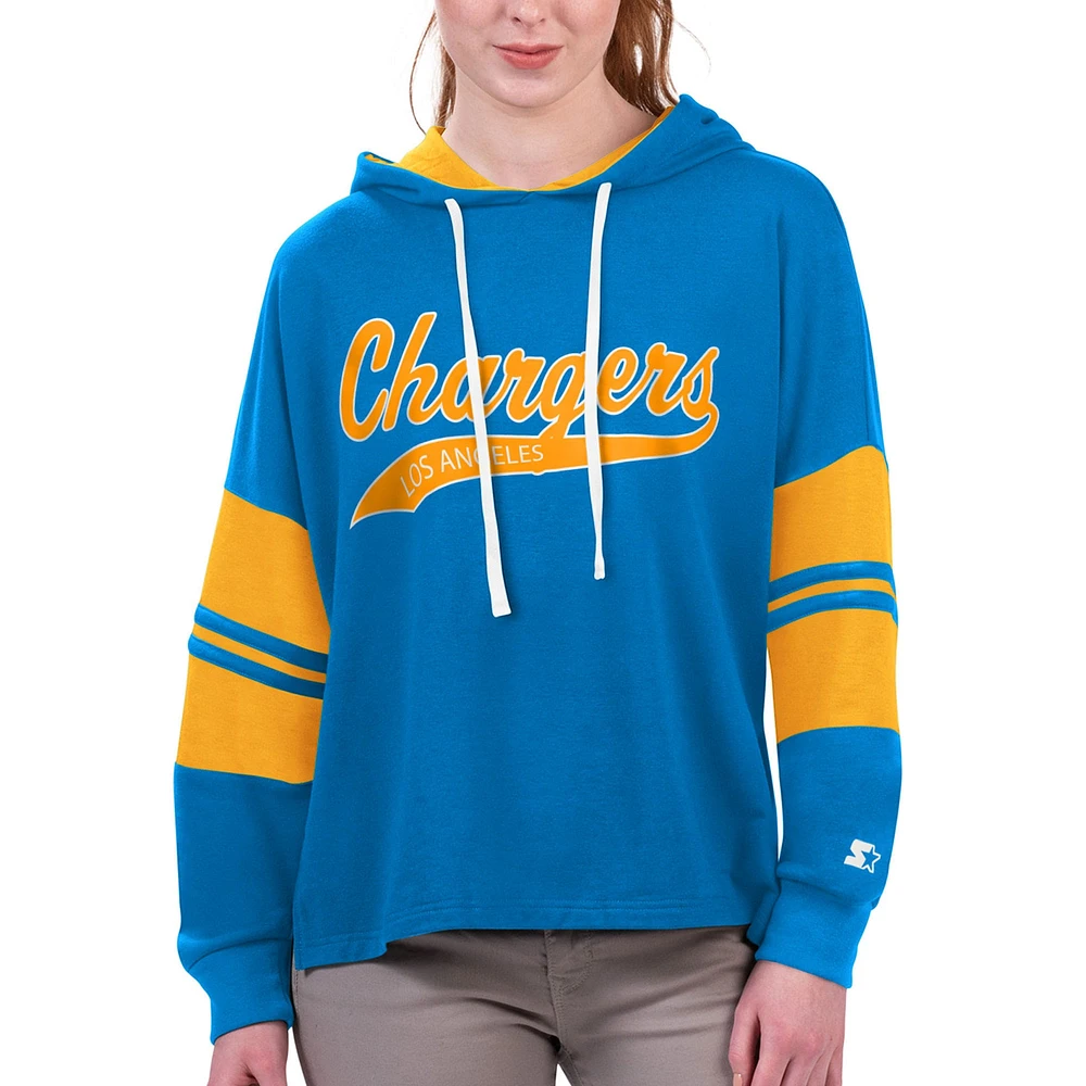 T-shirt à capuche manches longues pour femmes Starter Powder Blue Los Angeles Chargers Bump And Run