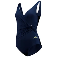 Women's Tommy Bahama Navy Los Angeles Chargers Pearl Clara Wrap One-Piece Swimsuit