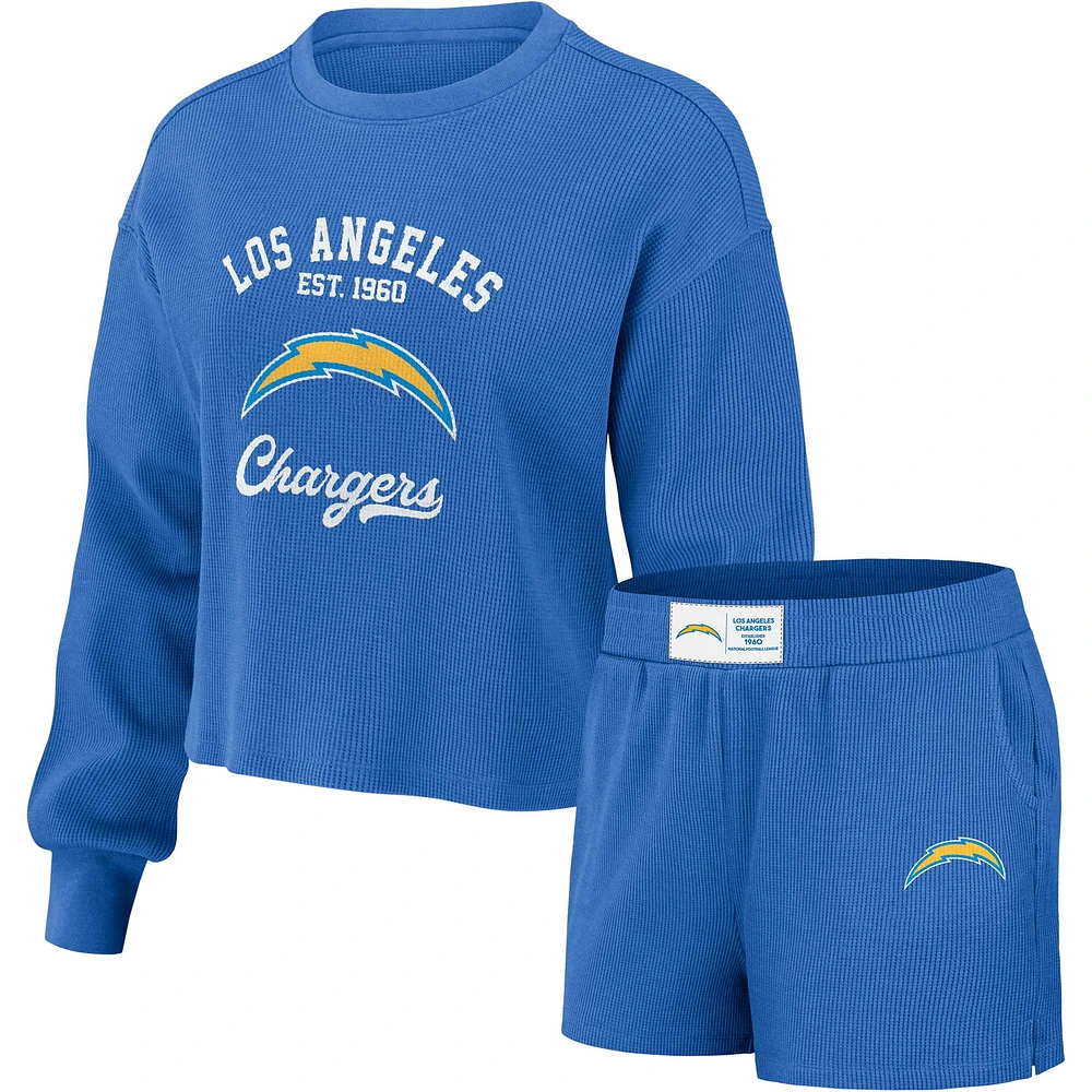 Ensemble de détente pour femme WEAR by Erin Andrews composé d'un t-shirt à manches longues et short en tricot gaufré bleu Los Angeles Chargers