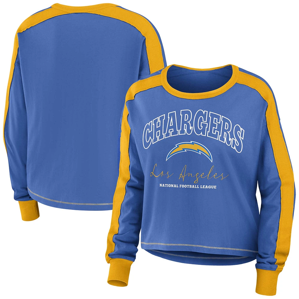 Women's WEAR by Erin Andrews Powder Blue/Gold Los Angeles Chargers Color Block Modest Crop Long Sleeve T-Shirt