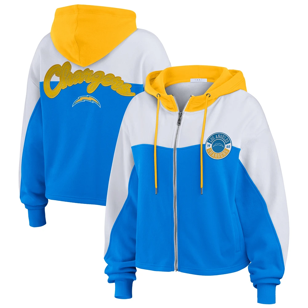 Women's WEAR by Erin Andrews Powder Blue/White Los Angeles Chargers Color Block Full-Zip Hoodie