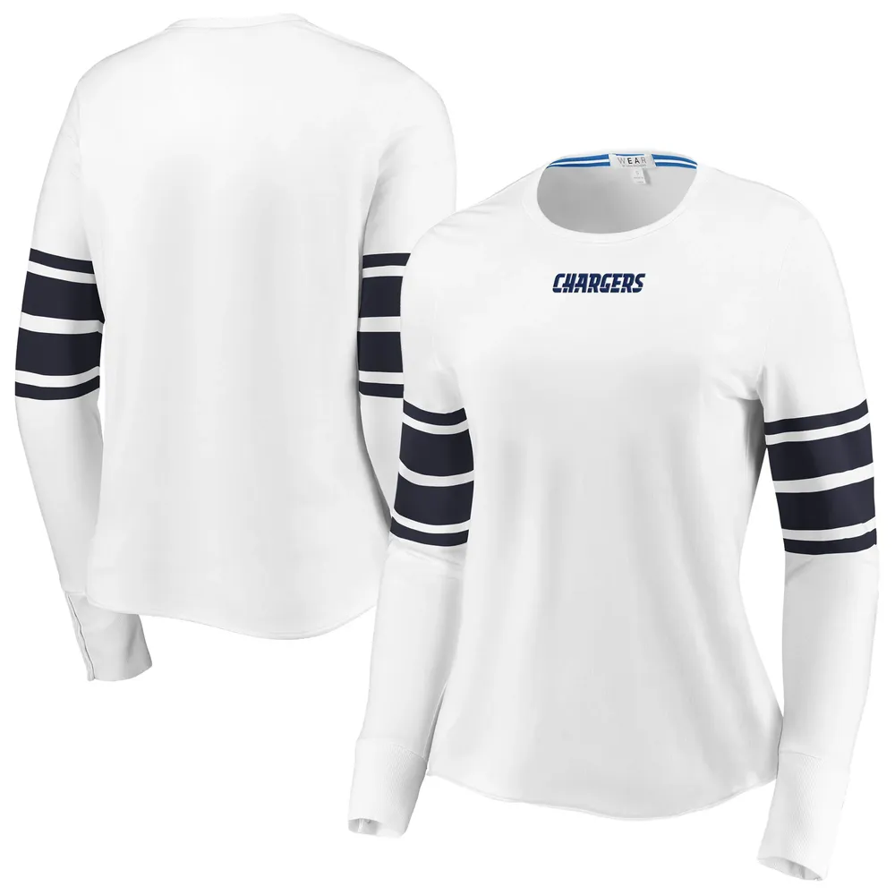 WEAR by Erin Andrews Women's WEAR by Erin Andrews White/Navy Los Angeles  Chargers Plus Snap Cuff Long Sleeve Tri-Blend T-Shirt