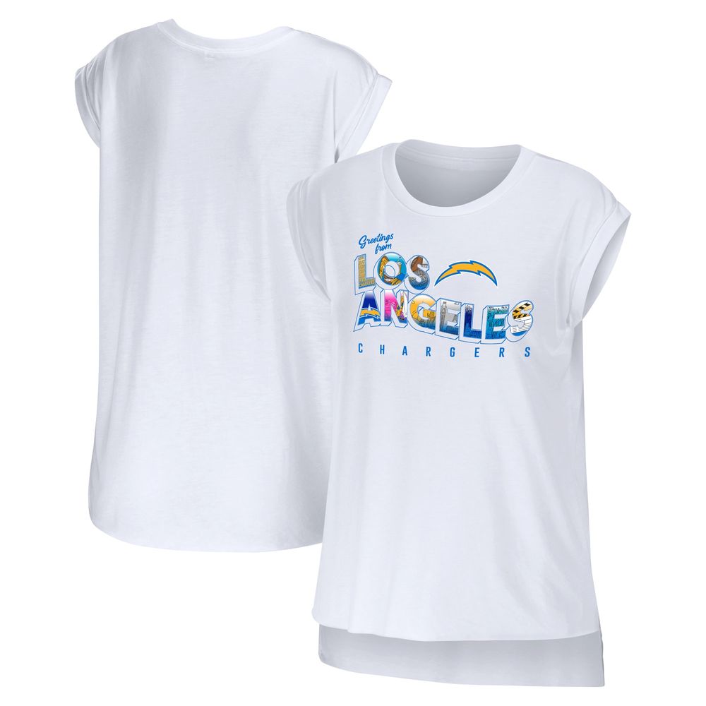 Women's WEAR by Erin Andrews White Los Angeles Chargers Greetings From Muscle T-Shirt