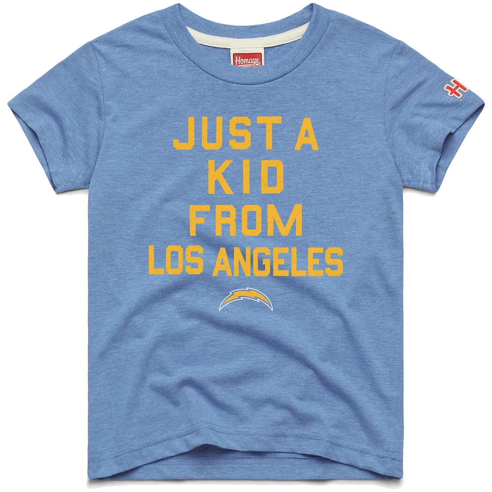 T-shirt bleu poudré Just a Kid Tri-Blend hommage aux jeunes des Los Angeles Chargers