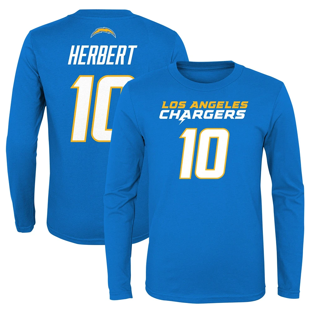 T-shirt à manches longues pour jeune Justin Herbert Powder Blue Los Angeles Chargers Mainliner Player Name & Number