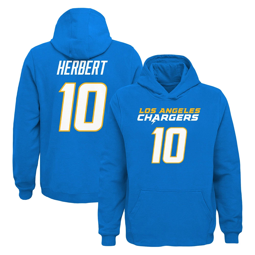 Youth Justin Herbert Powder Blue Los Angeles Chargers Mainliner Player Name & Number Pullover Hoodie