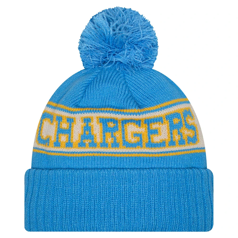 Bonnet en tricot à revers rétro bleu poudré Los Angeles Chargers de New Era pour jeune avec pompon