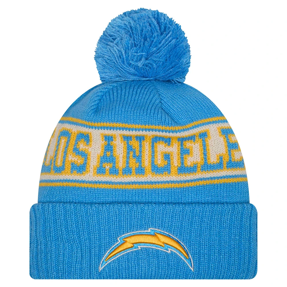 Bonnet en tricot à revers rétro bleu poudré Los Angeles Chargers de New Era pour jeune avec pompon