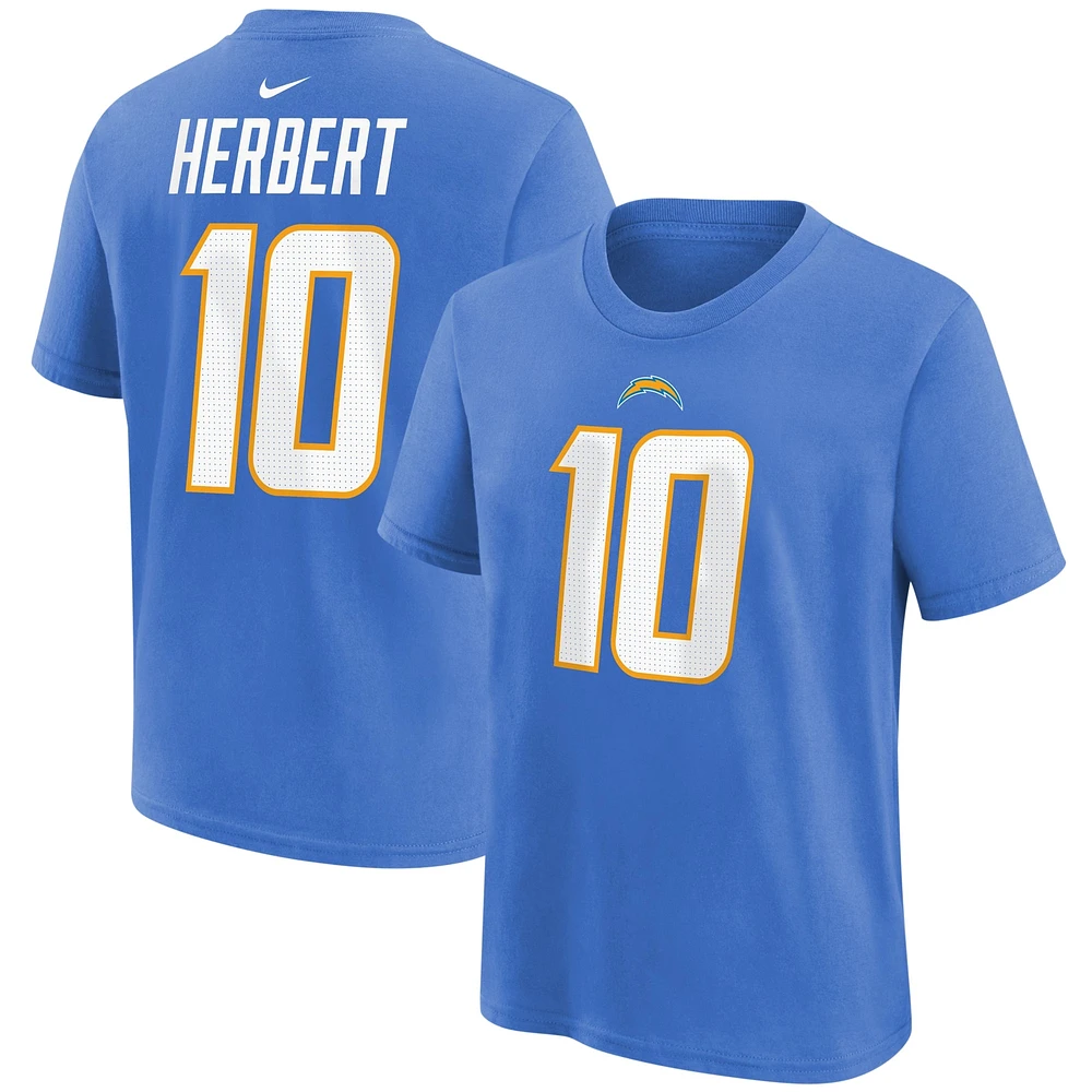 T-shirt avec nom et numéro de joueur des Chargers Los Angeles Nike Justin Herbert bleu poudré pour jeune