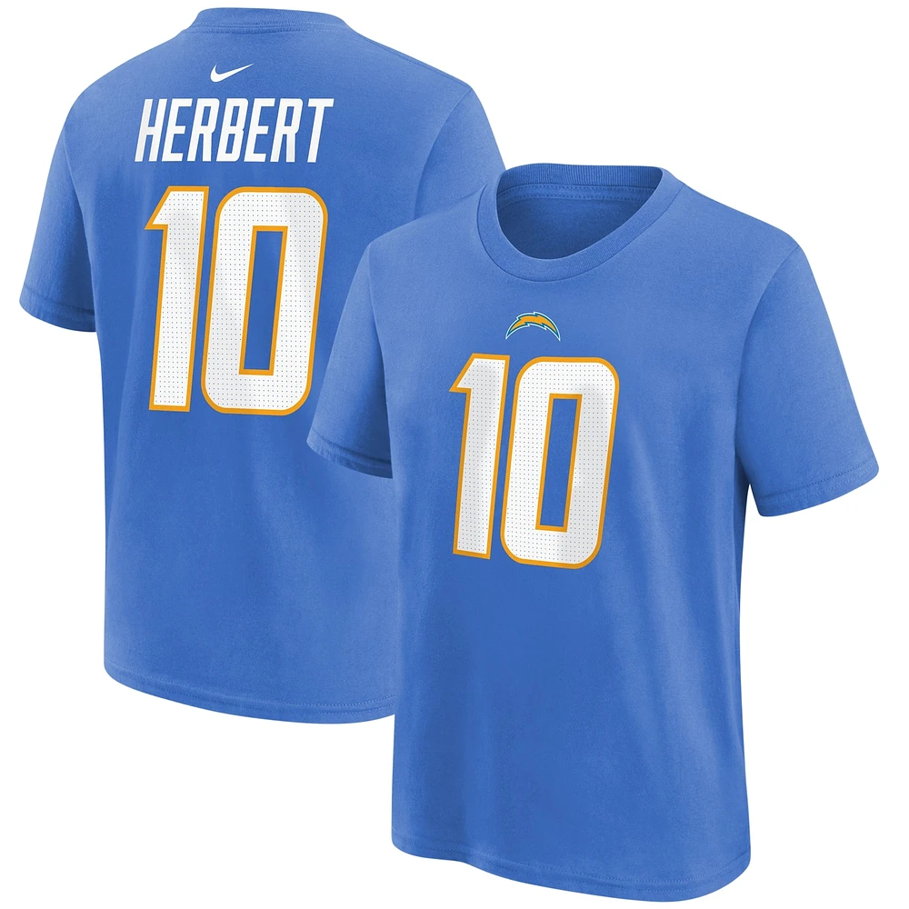 T-shirt avec nom et numéro du joueur des Los Angeles Chargers Nike Justin Herbert Powder Blue pour jeune