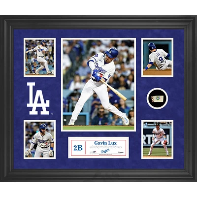 Collage encadré de 5 photos des Dodgers de Los Angeles de Gavin Lux avec un morceau de ballon utilisé lors du match