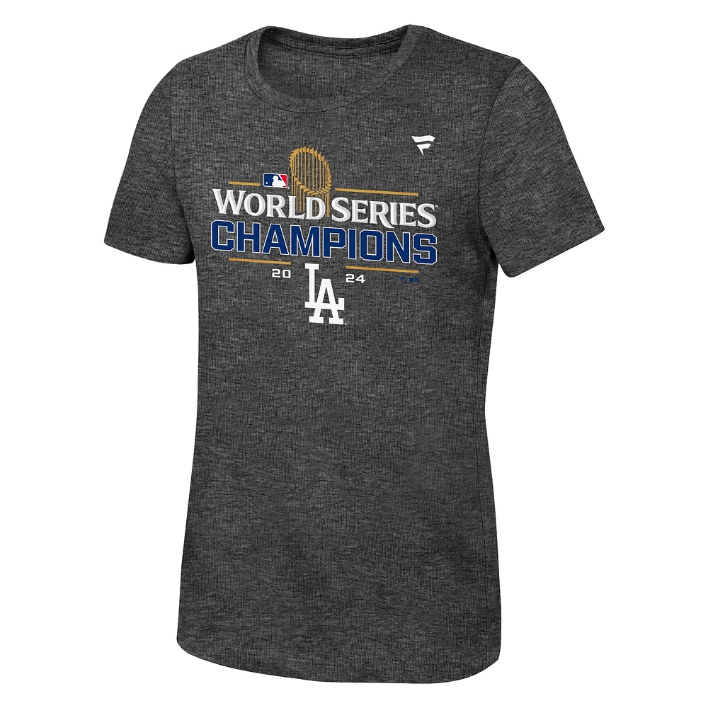 T-shirt fanatique des vestiaires Los Angeles Dodgers champions de la série mondiale 2024 Heather Charcoal pour filles et jeunes
