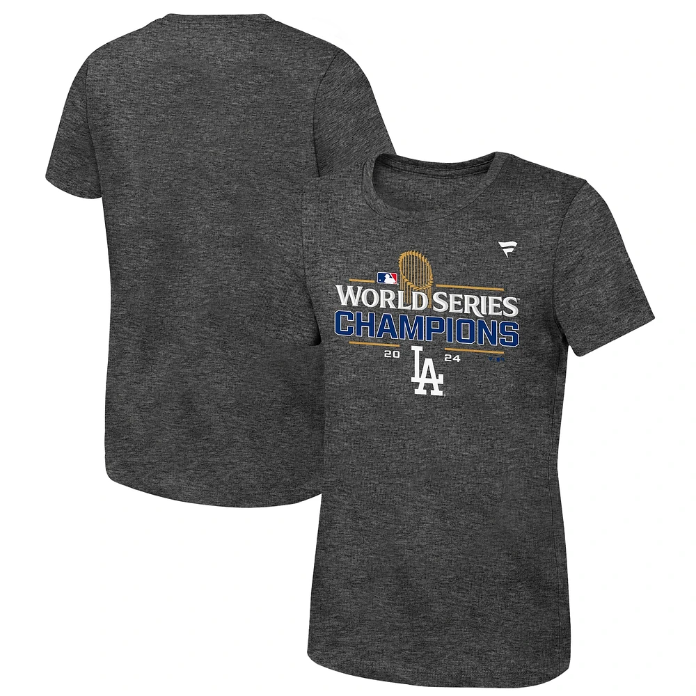T-shirt fanatique des vestiaires Los Angeles Dodgers champions de la série mondiale 2024 Heather Charcoal pour filles et jeunes