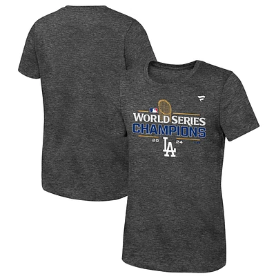 T-shirt fanatique des vestiaires Los Angeles Dodgers champions de la série mondiale 2024 Heather Charcoal pour filles et jeunes